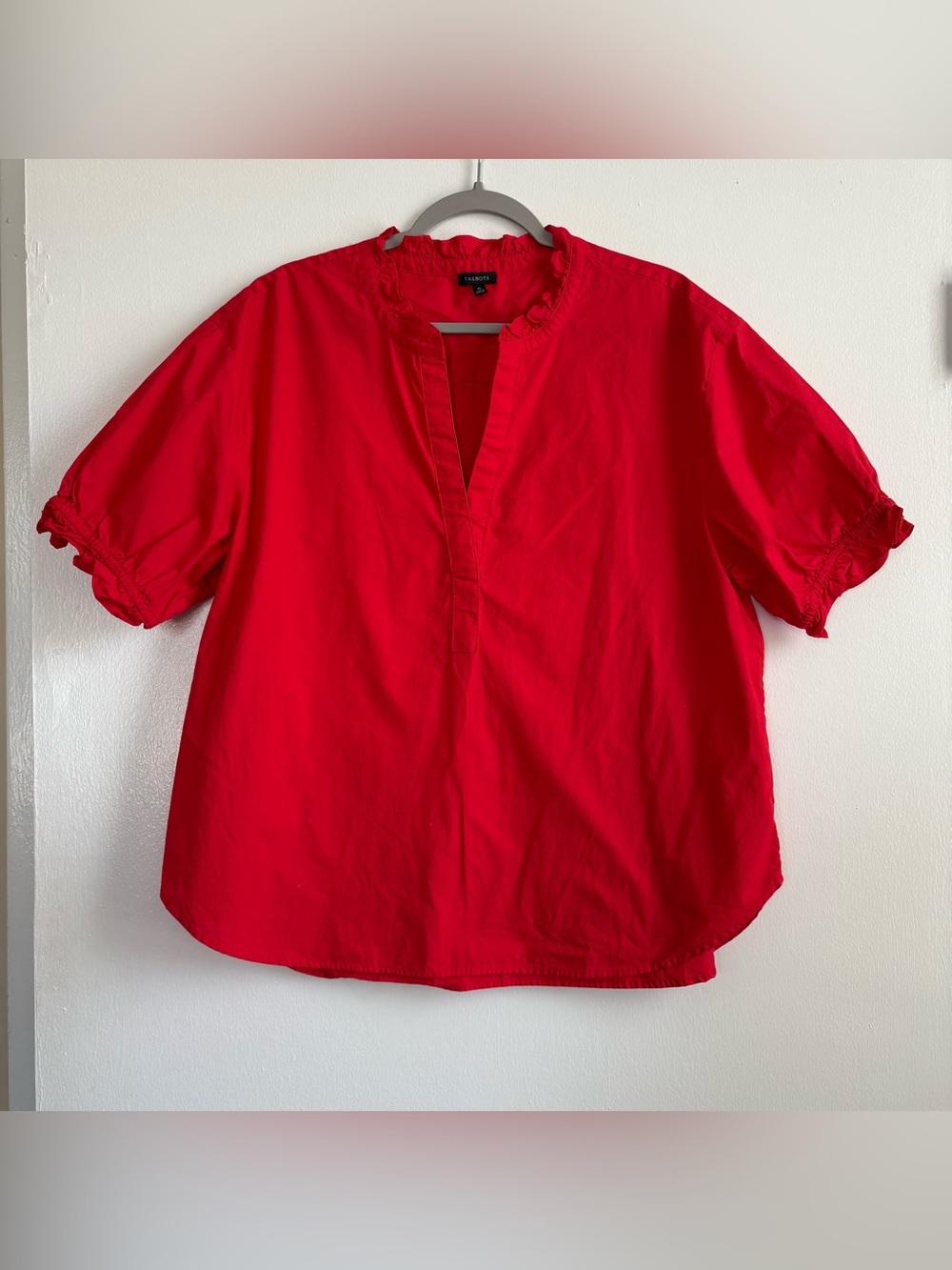 Talbots Red Solid Woven 100% Cotton V-Neck Ruffle Pullover Blouse Women’s XL